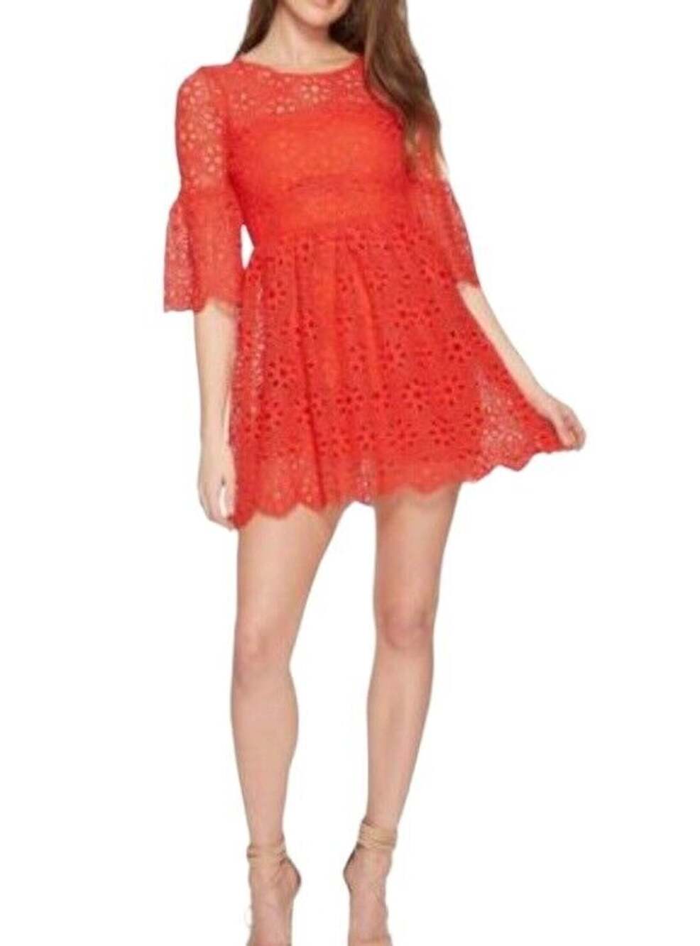 JACK BB Dakota Fit Flare Eyelet Dress Red Lined Bell Sleeve Sz 4 NWT